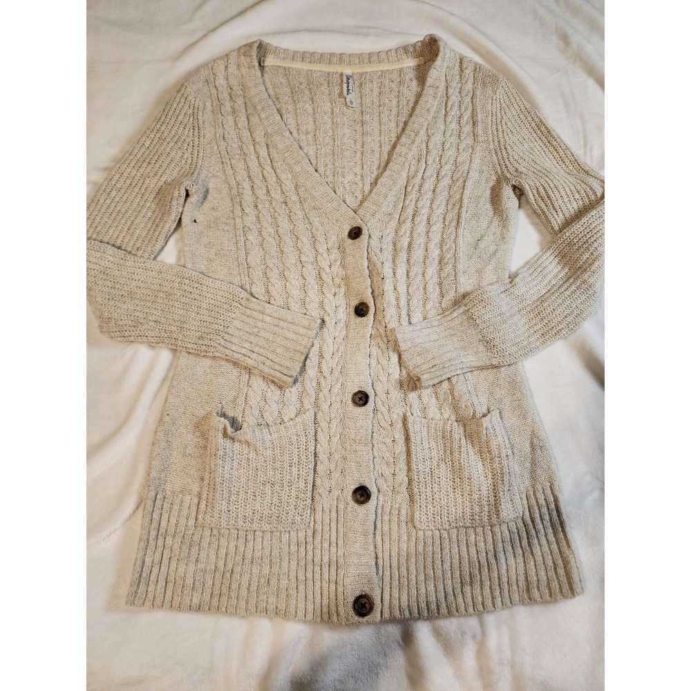 Aeropostale Long Sleeve Chunky Cable Knit Cardigan Sweater, Ivory, Size L flaw